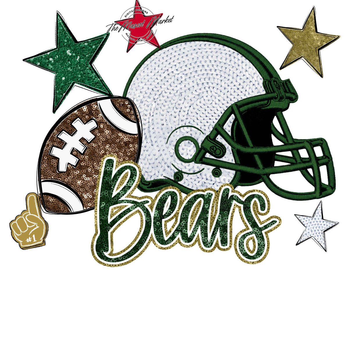 Bears Football Embroidered Sequins Design-Green & Gold