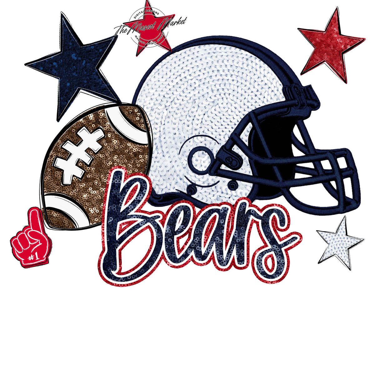 Bears Football Embroidered Sequins Design-Navy & Red