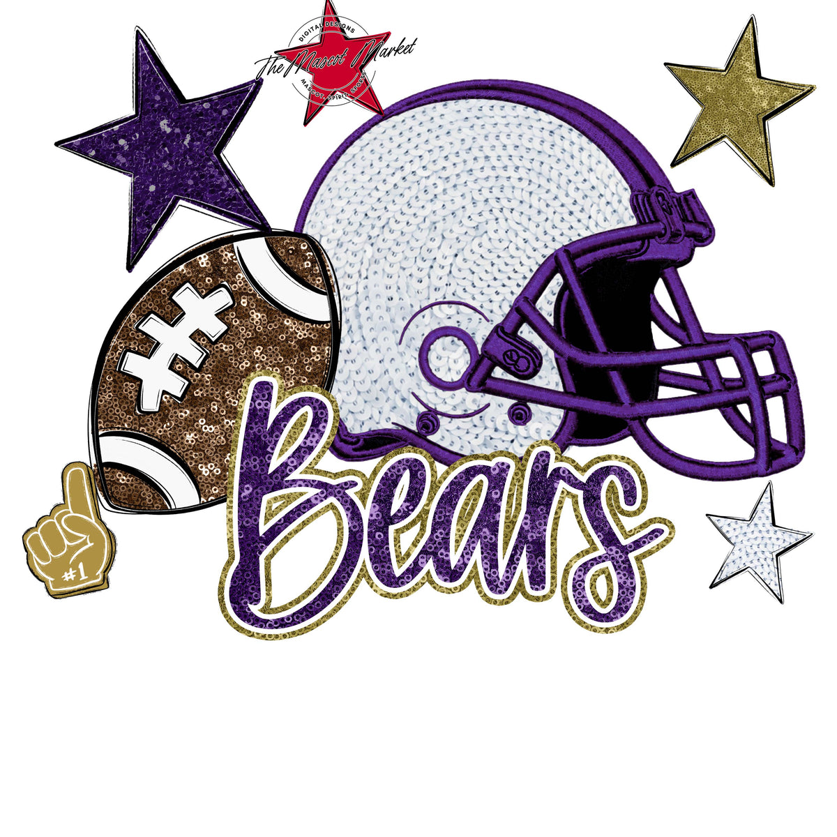 Bears Football Embroidered Sequins Design-Purple & Gold