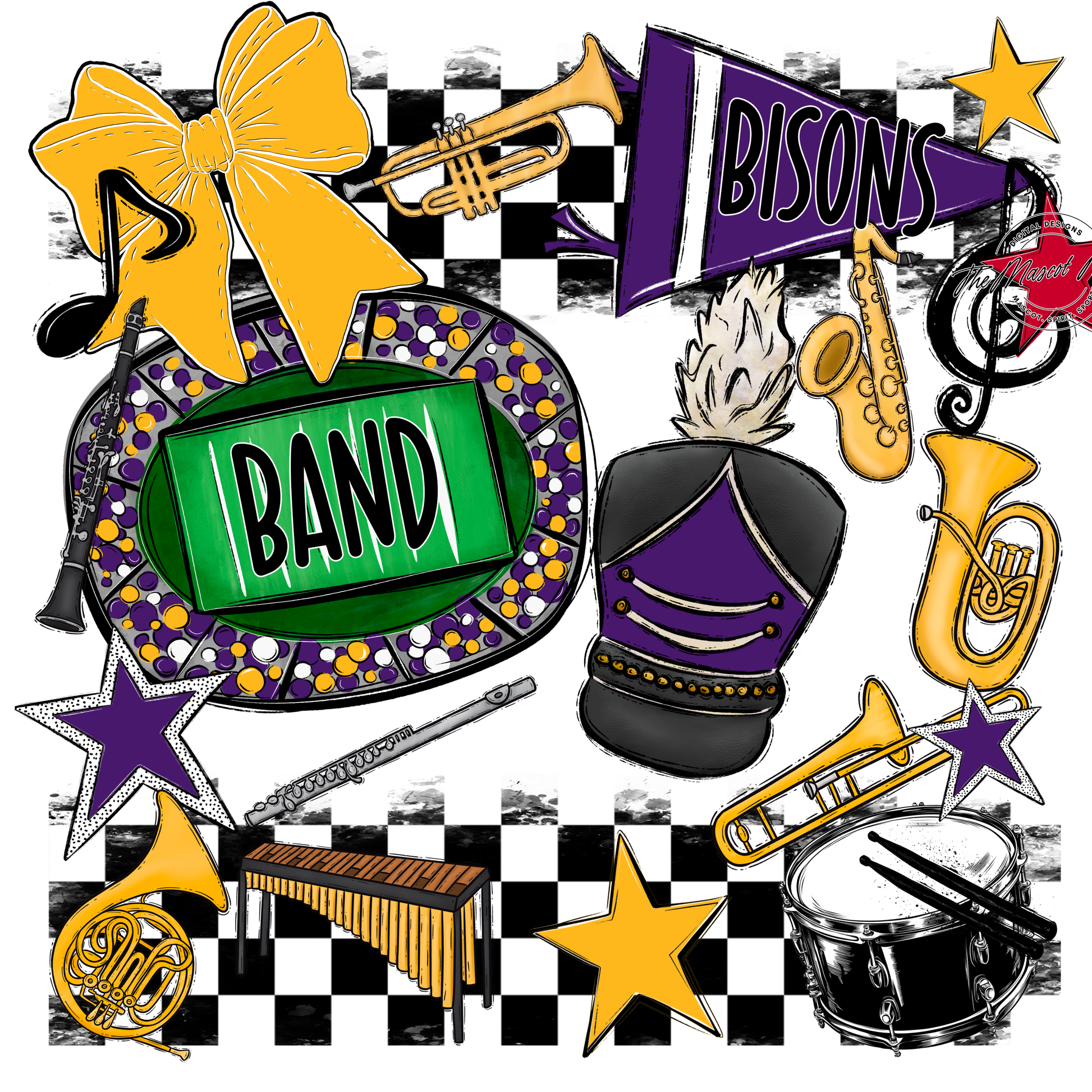 Bisons Checkers Band Spirit Design-Purple-Yellow