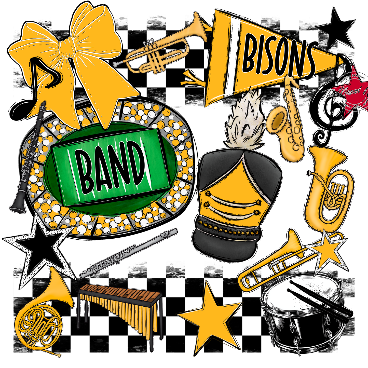 Bisons Checkers Band Spirit Design-Yellow