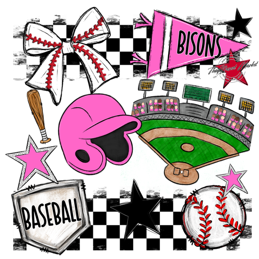 Bisons Checkers Baseball Spirit Design-Baby Pink