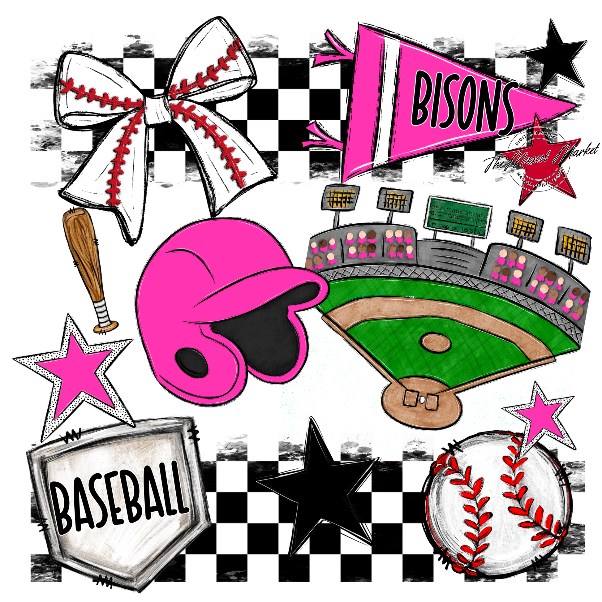 Bisons Checkers Baseball Spirit Design-Pink