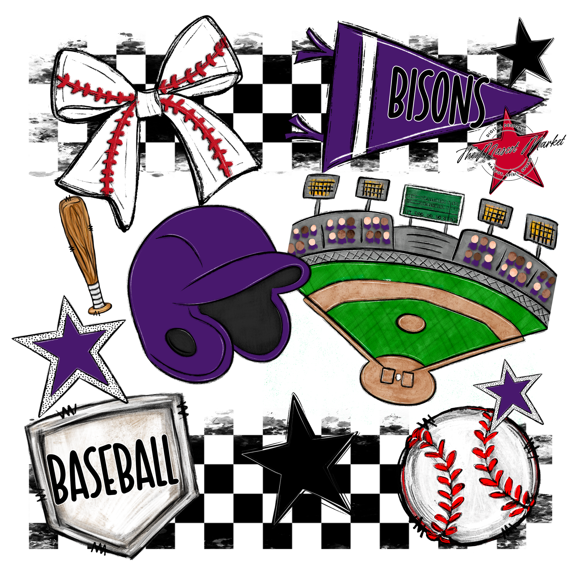 Bisons Checkers Baseball Spirit Design-Purple