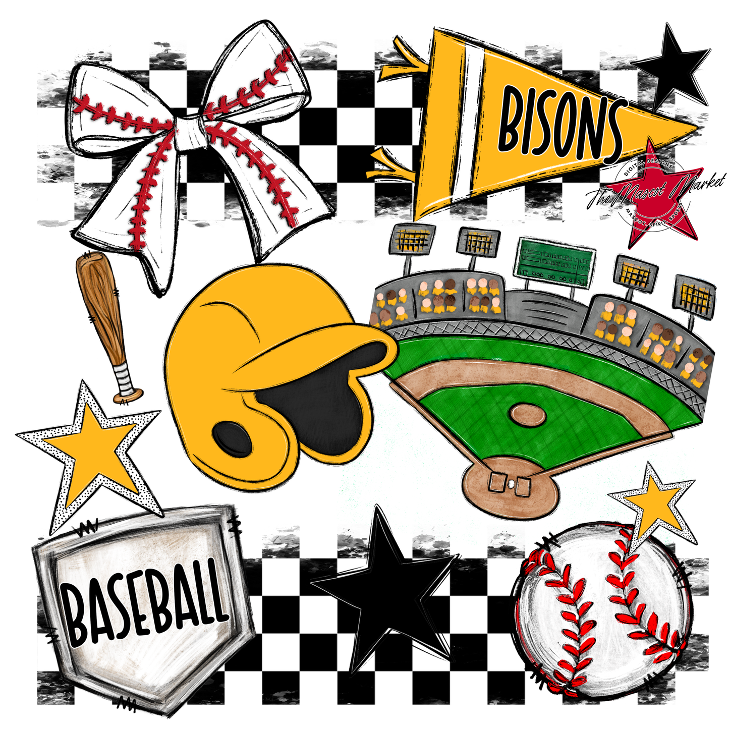 Bisons Checkers Baseball Spirit Design-Yellow