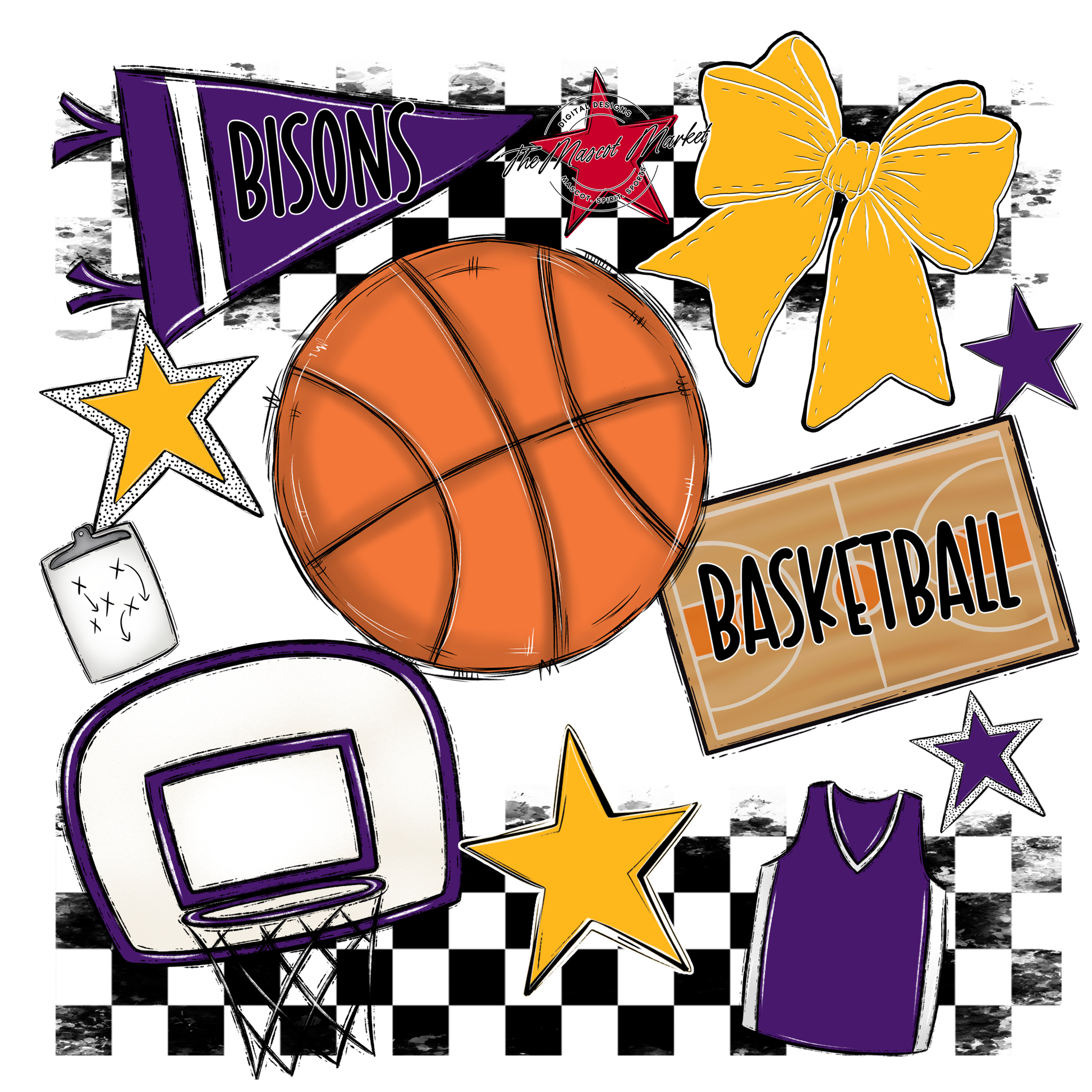 Bisons Checkers Basketball Spirit Design-Purple-Yellow