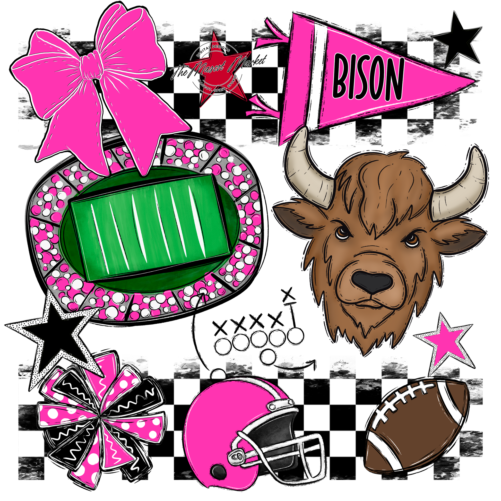 Bisons Checkers Mascot Spirit Design-Pink