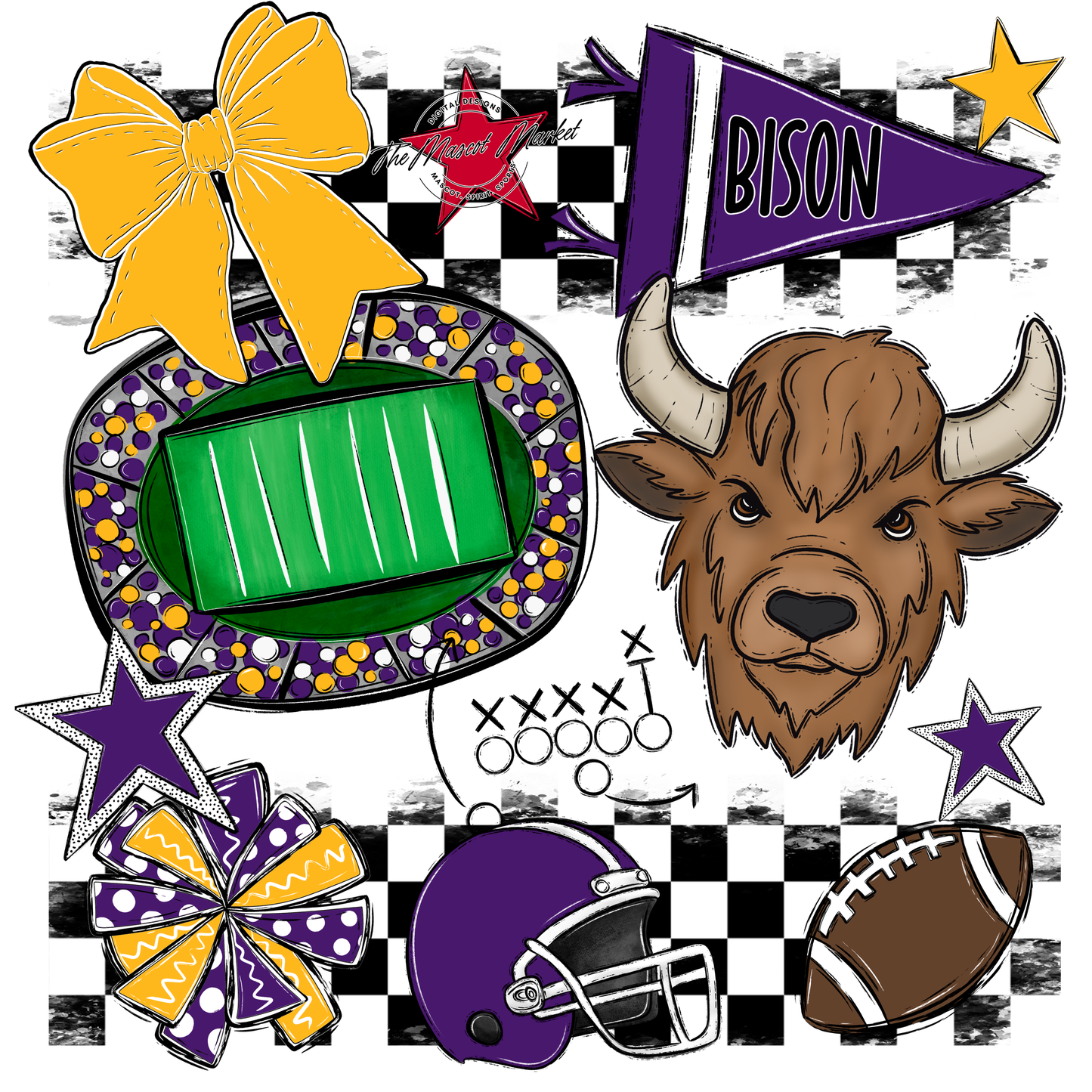 Bisons Checkers Mascot Spirit Design-Purple-Yellow