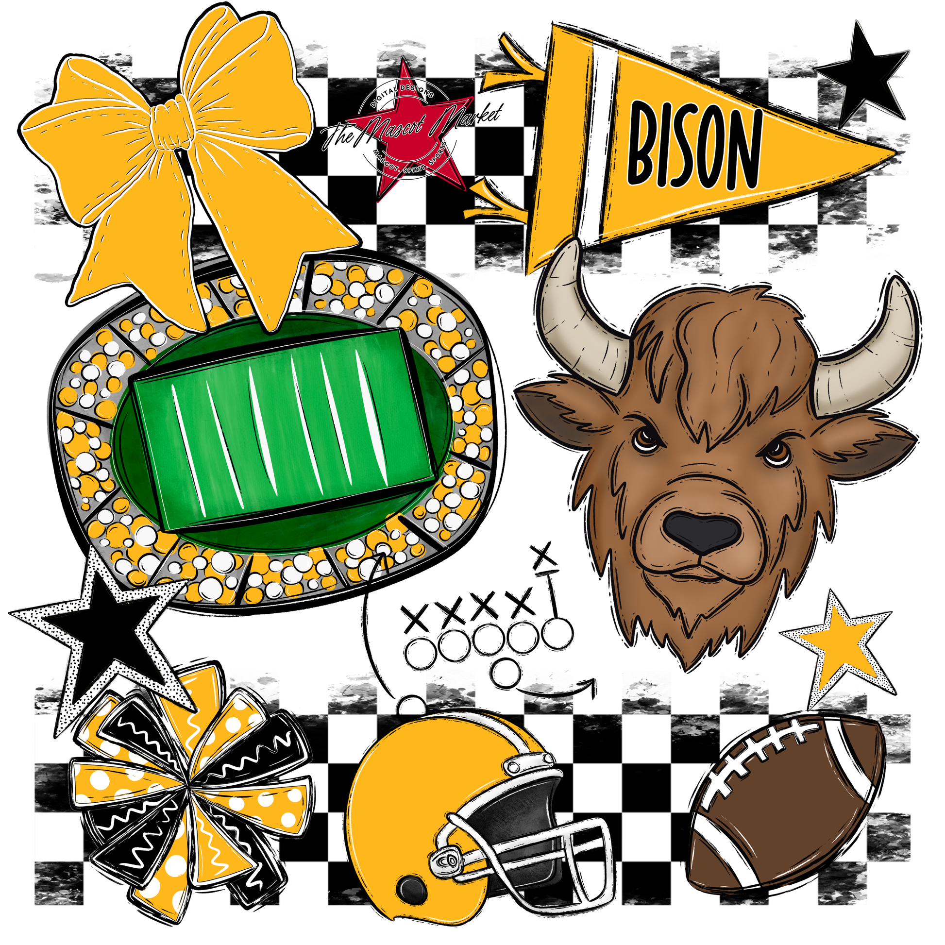Bisons Checkers Mascot Spirit Design-Yellow