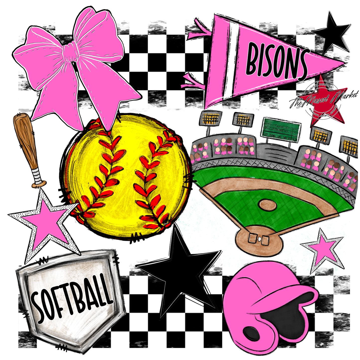 Bisons Checkers Softball Spirit Design-Baby Pink