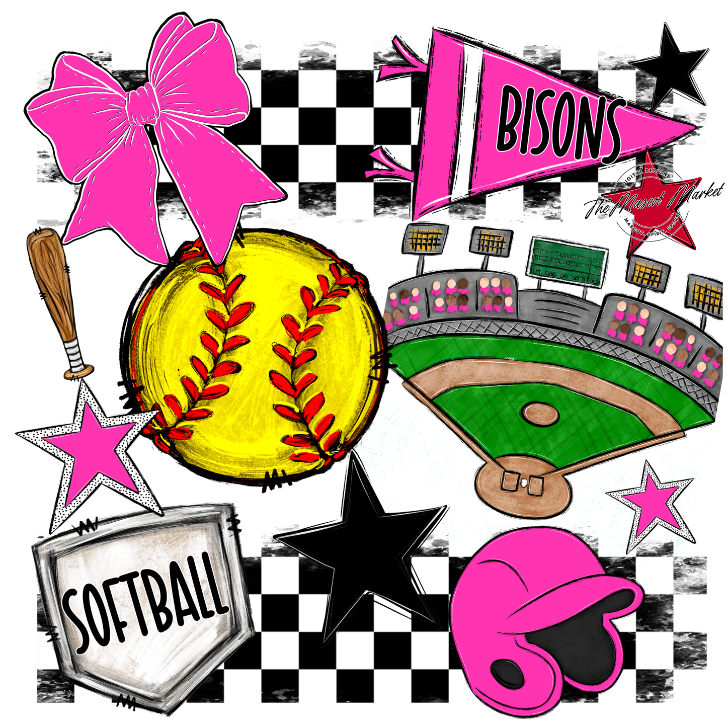 Bisons Checkers Softball Spirit Design-Pink
