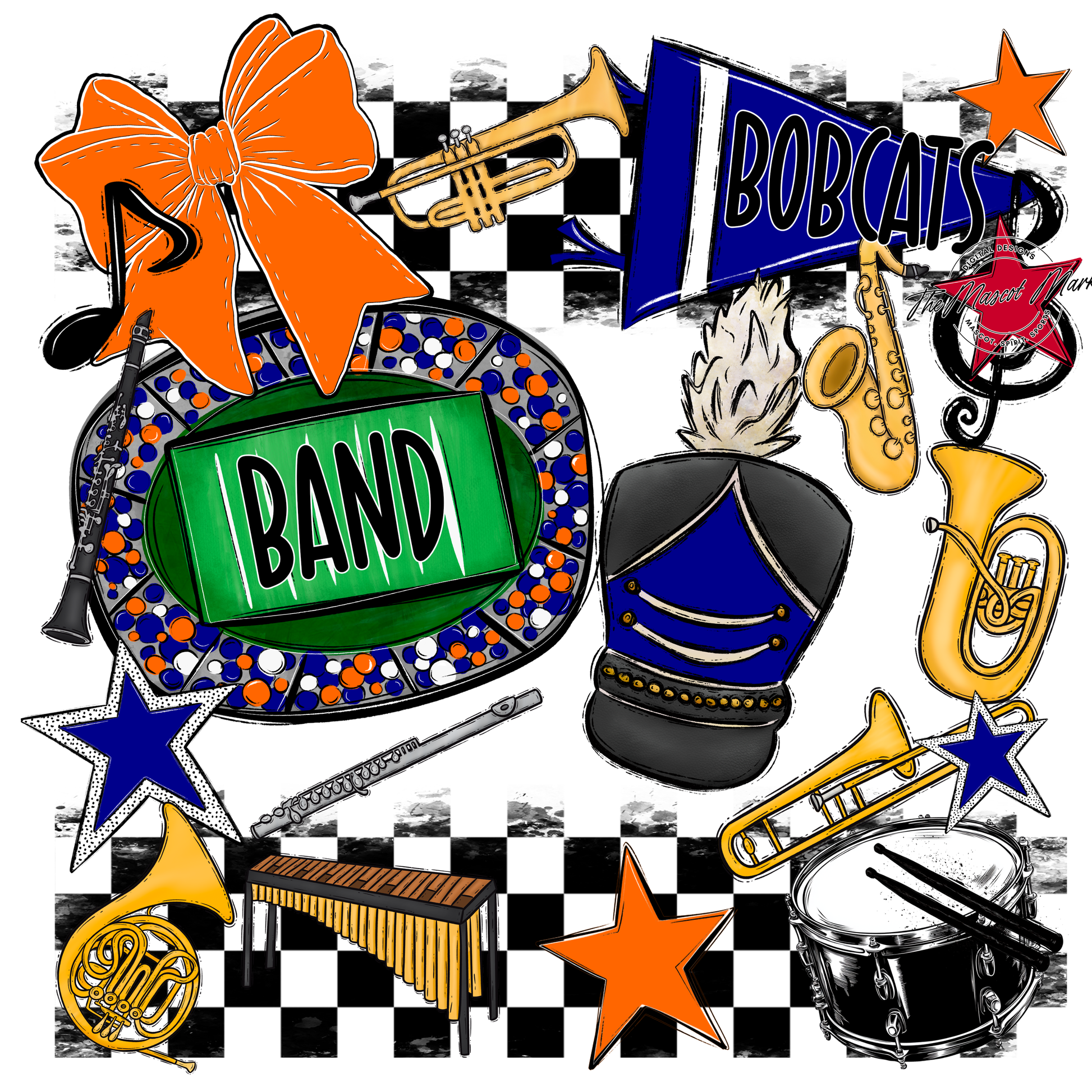 Bobcats Checkers Band Spirit Design-Blue-Orange