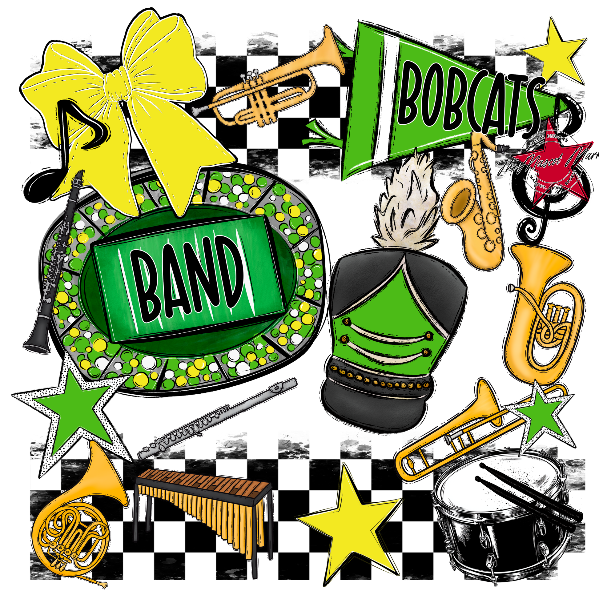 Bobcats Checkers Band Spirit Design-Bright Green-Bright Yellow
