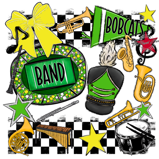 Bobcats Checkers Band Spirit Design-Bright Green-Bright Yellow