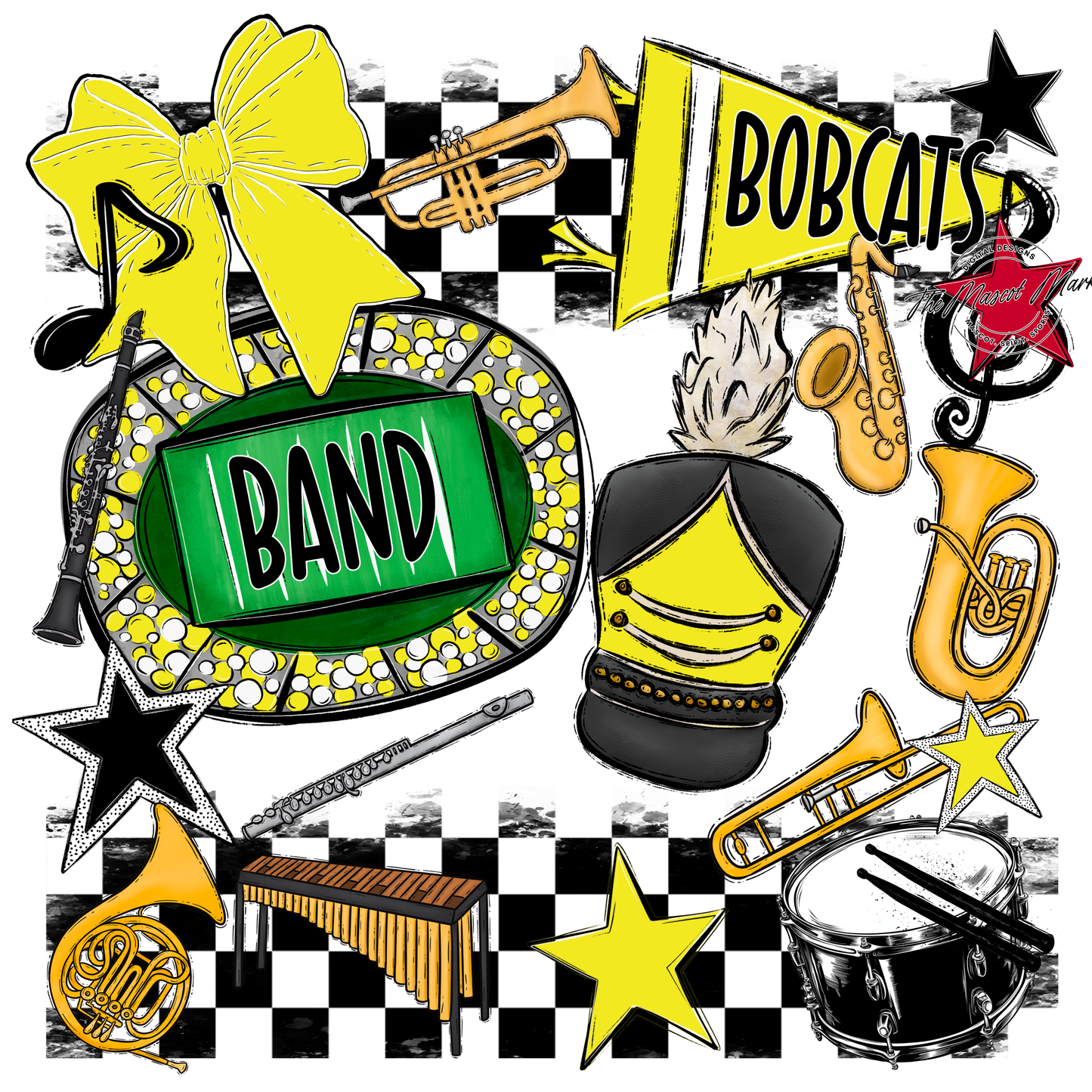 Bobcats Checkers Band Spirit Design-Bright Yellow