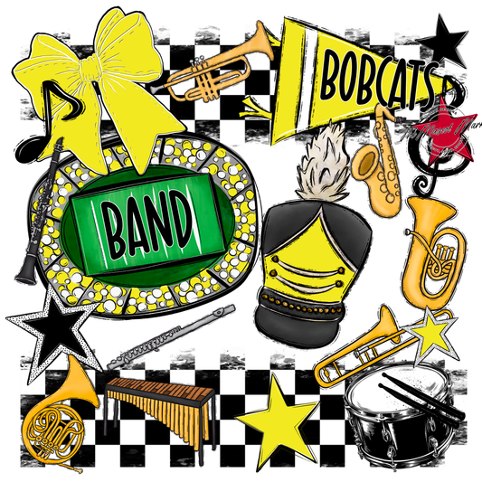 Bobcats Checkers Band Spirit Design-Bright Yellow