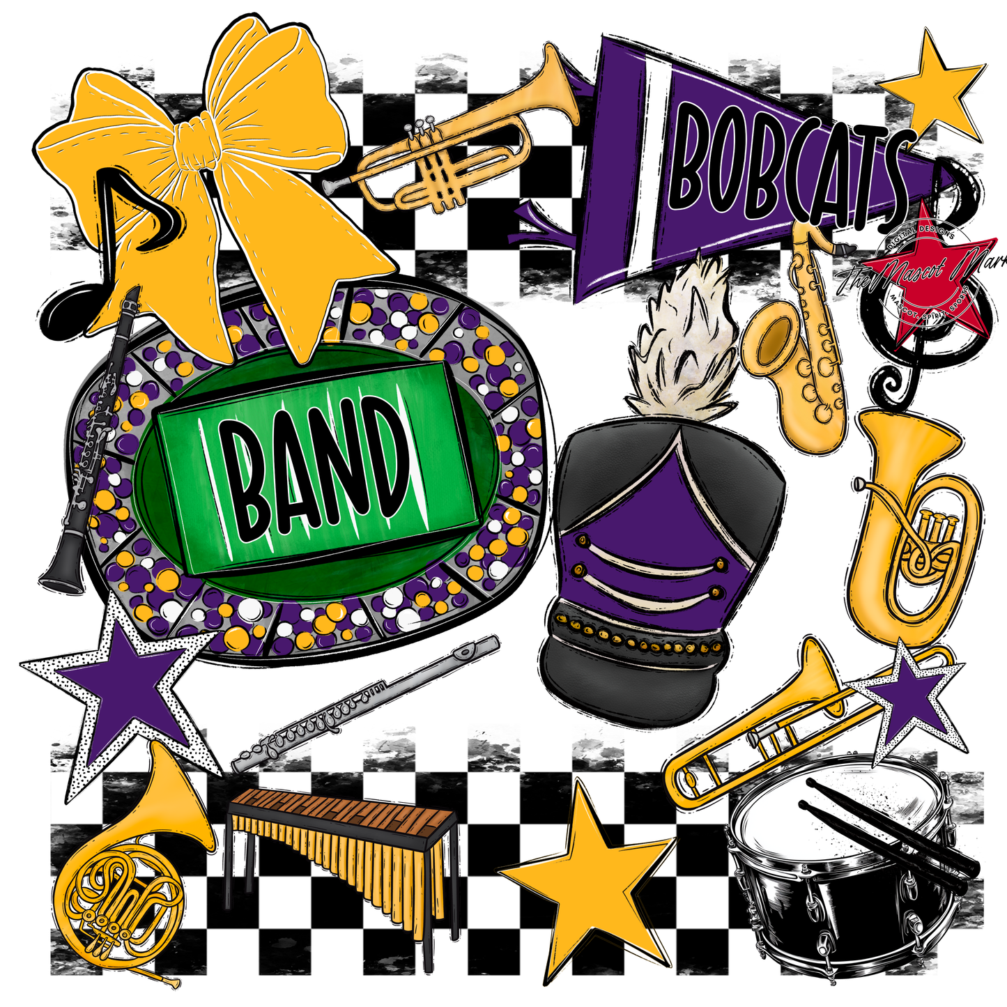 Bobcats Checkers Band Spirit Design-Purple-Yellow