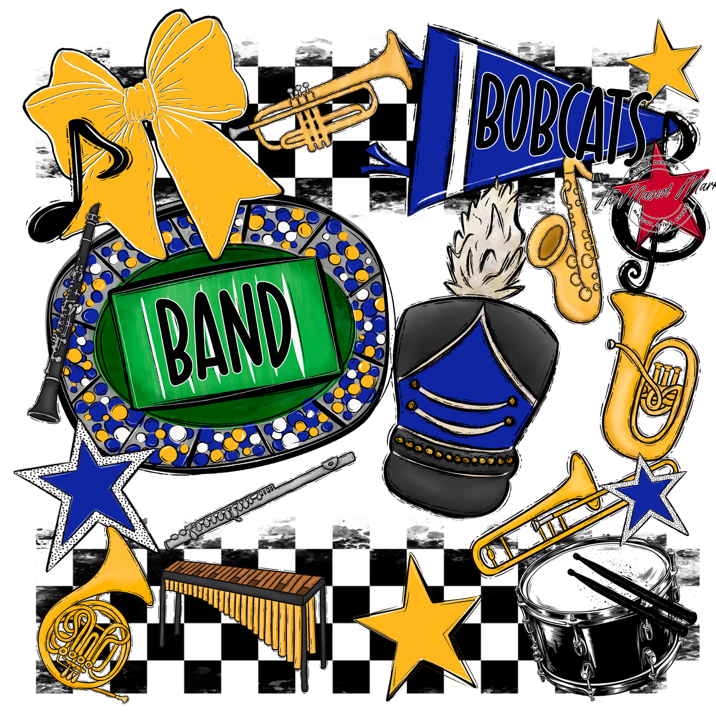 Bobcats Checkers Band Spirit Design-Royal Blue-Yellow