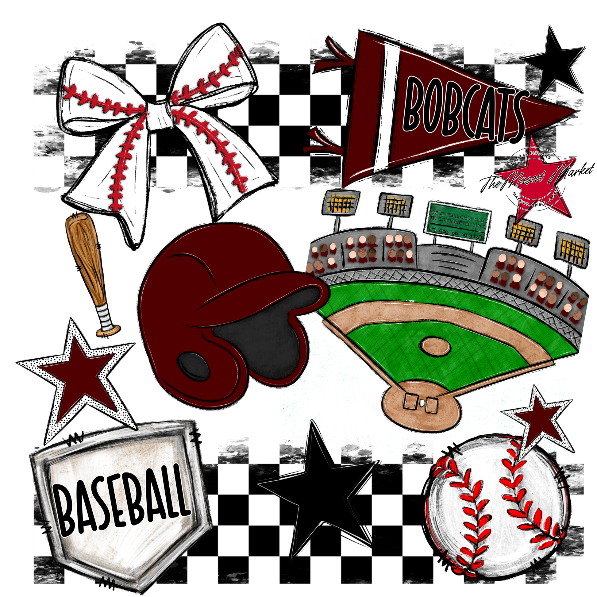 Bobcats Checkers Baseball Spirit Design-Maroon