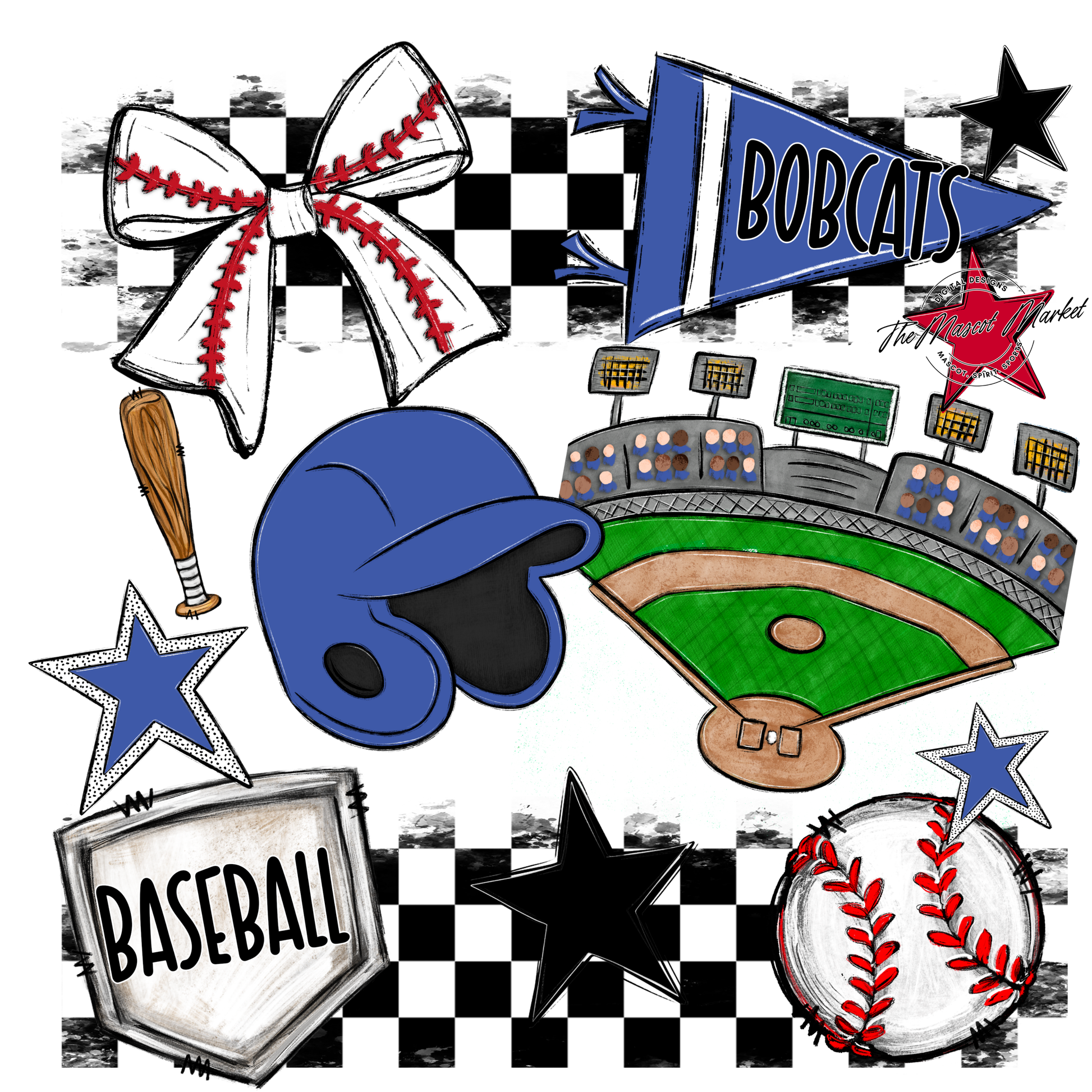Bobcats Checkers Baseball Spirit Design-Off Blue