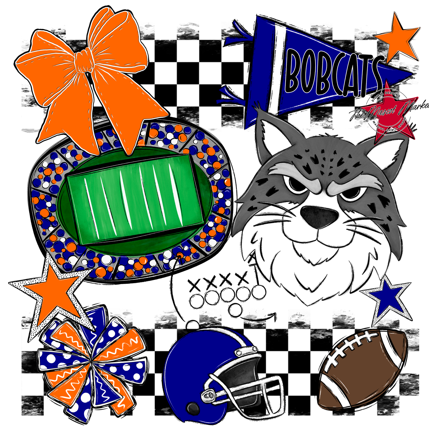 Bobcats Checkers Mascot Spirit Design-Blue-Orange