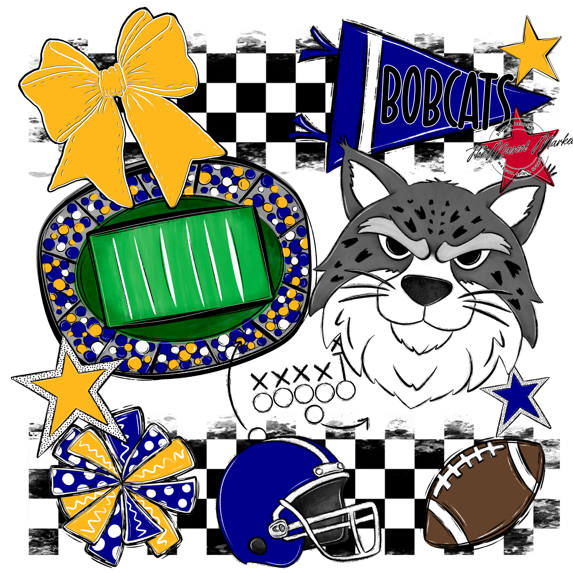 Bobcats Checkers Mascot Spirit Design-Blue-Yellow