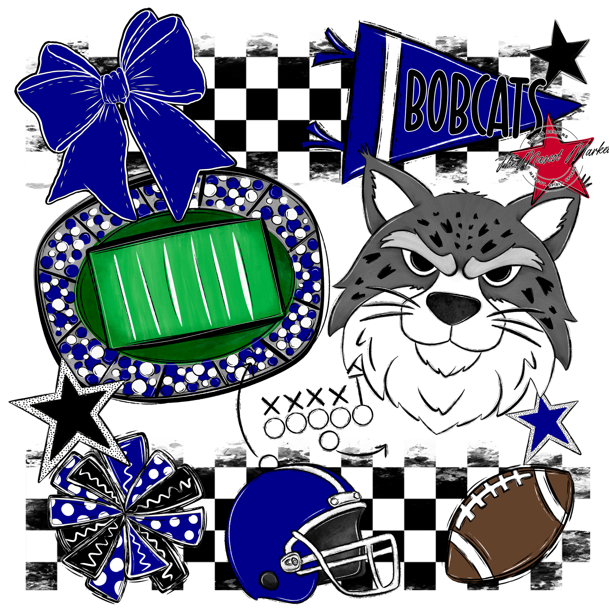 Bobcats Checkers Mascot Spirit Design-Blue