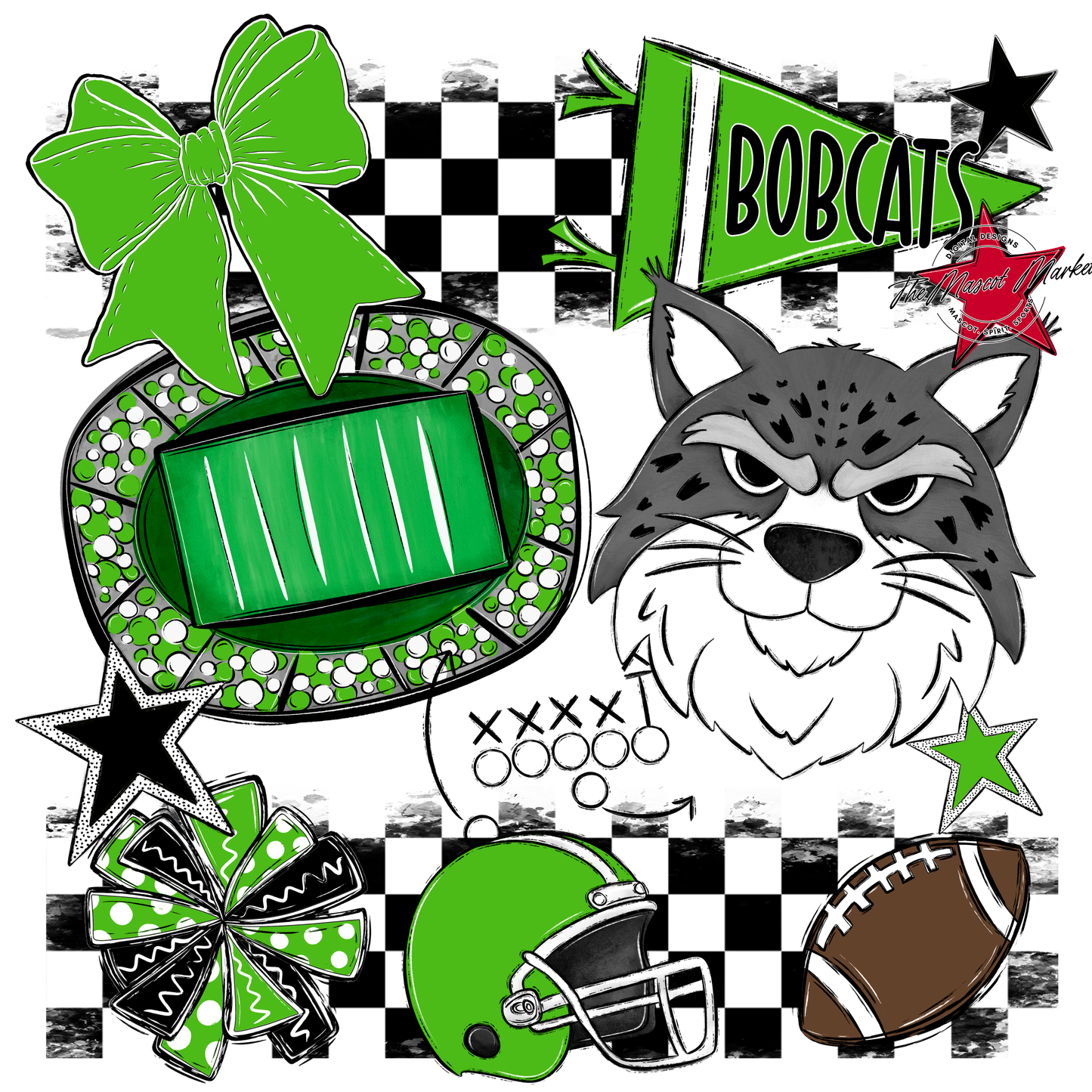 Bobcats Checkers Mascot Spirit Design-Bright Green