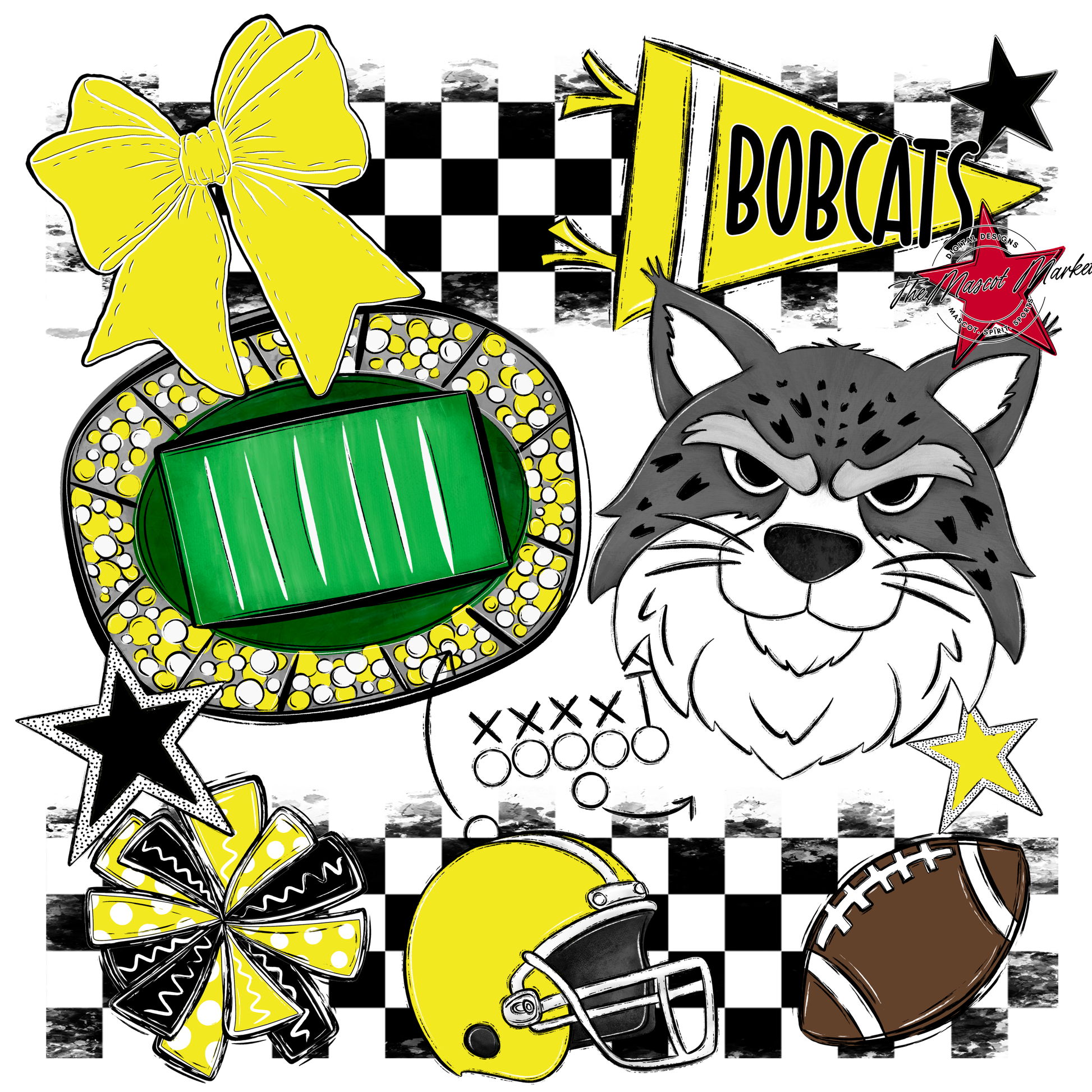 Bobcats Checkers Mascot Spirit Design-Bright Yellow