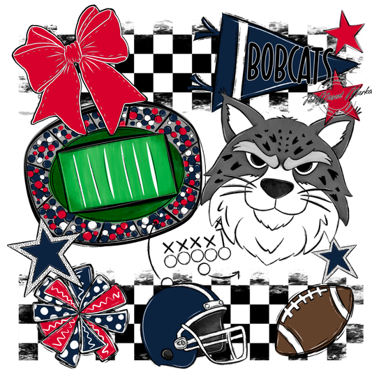 Bobcats Checkers Mascot Spirit Design-Navy-Red