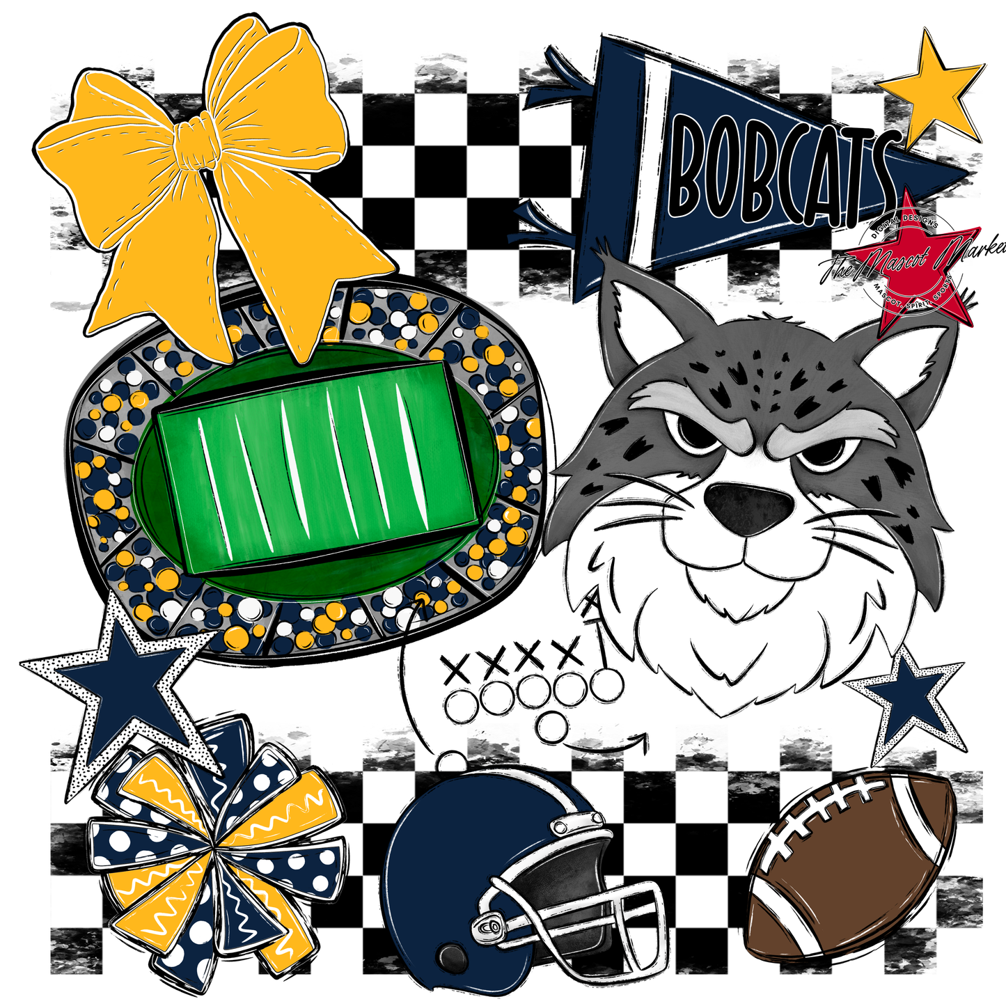 Bobcats Checkers Mascot Spirit Design-Navy-Yellow