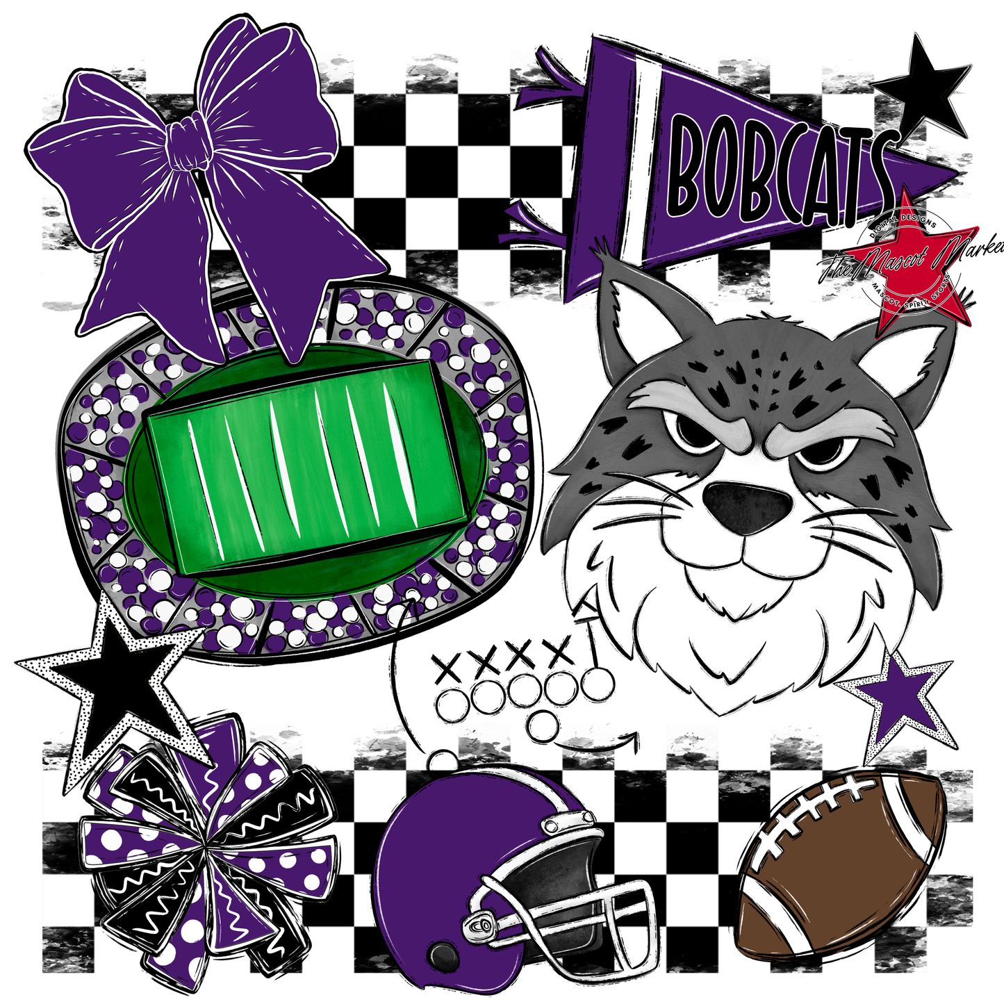 Bobcats Checkers Mascot Spirit Design-Purple