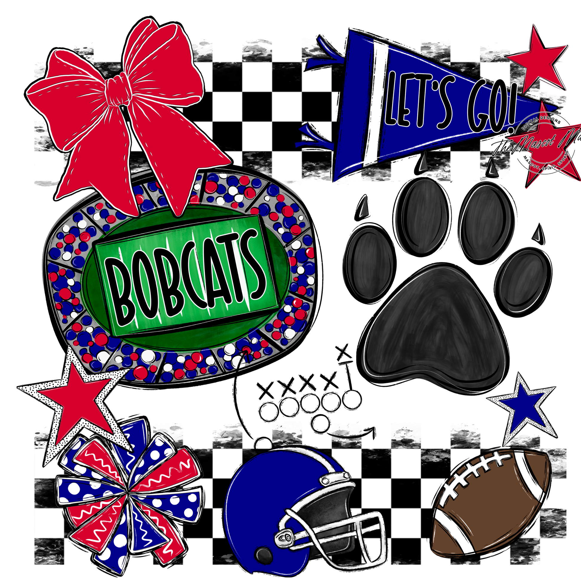 Bobcats Checkers Mascot Spirit Design w Paw-Blue-Red
