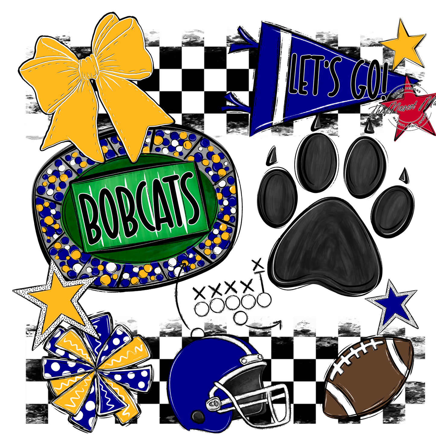 Bobcats Checkers Mascot Spirit Design w Paw-Blue-Yellow