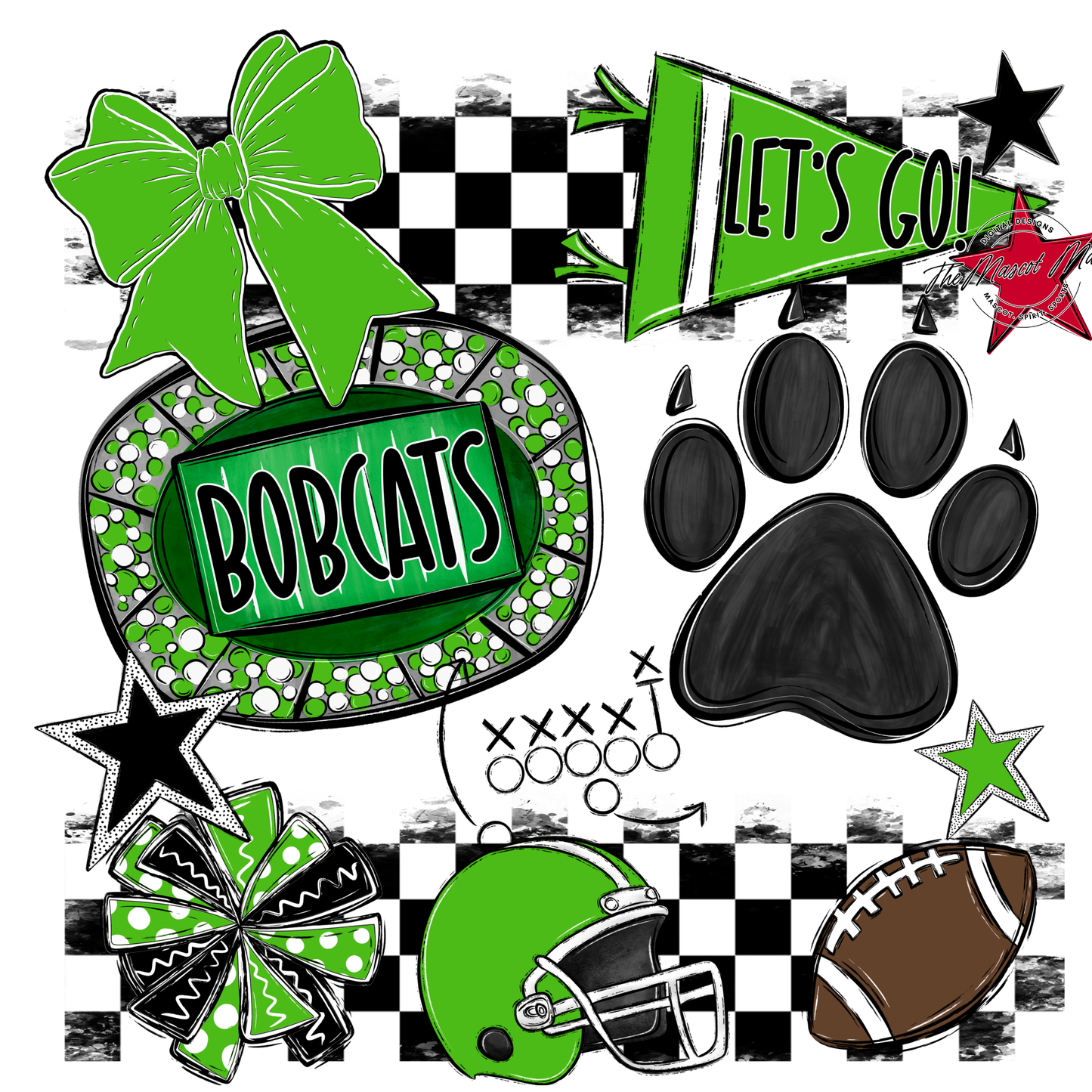 Bobcats Checkers Mascot Spirit Design w Paw-Bright Green
