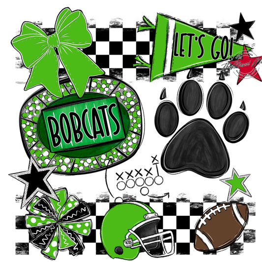 Bobcats Checkers Mascot Spirit Design w Paw-Bright Green