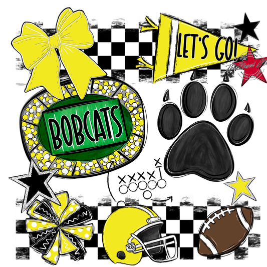 Bobcats Checkers Mascot Spirit Design w Paw-Bright Yellow