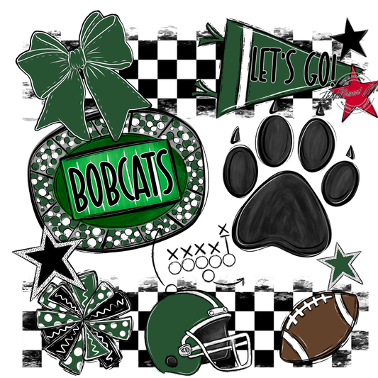 Bobcats Checkers Mascot Spirit Design w Paw-Green