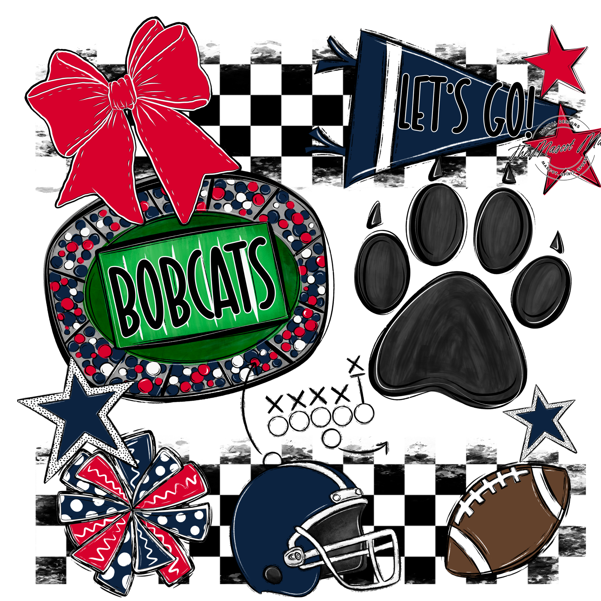 Bobcats Checkers Mascot Spirit Design w Paw-Navy-Red