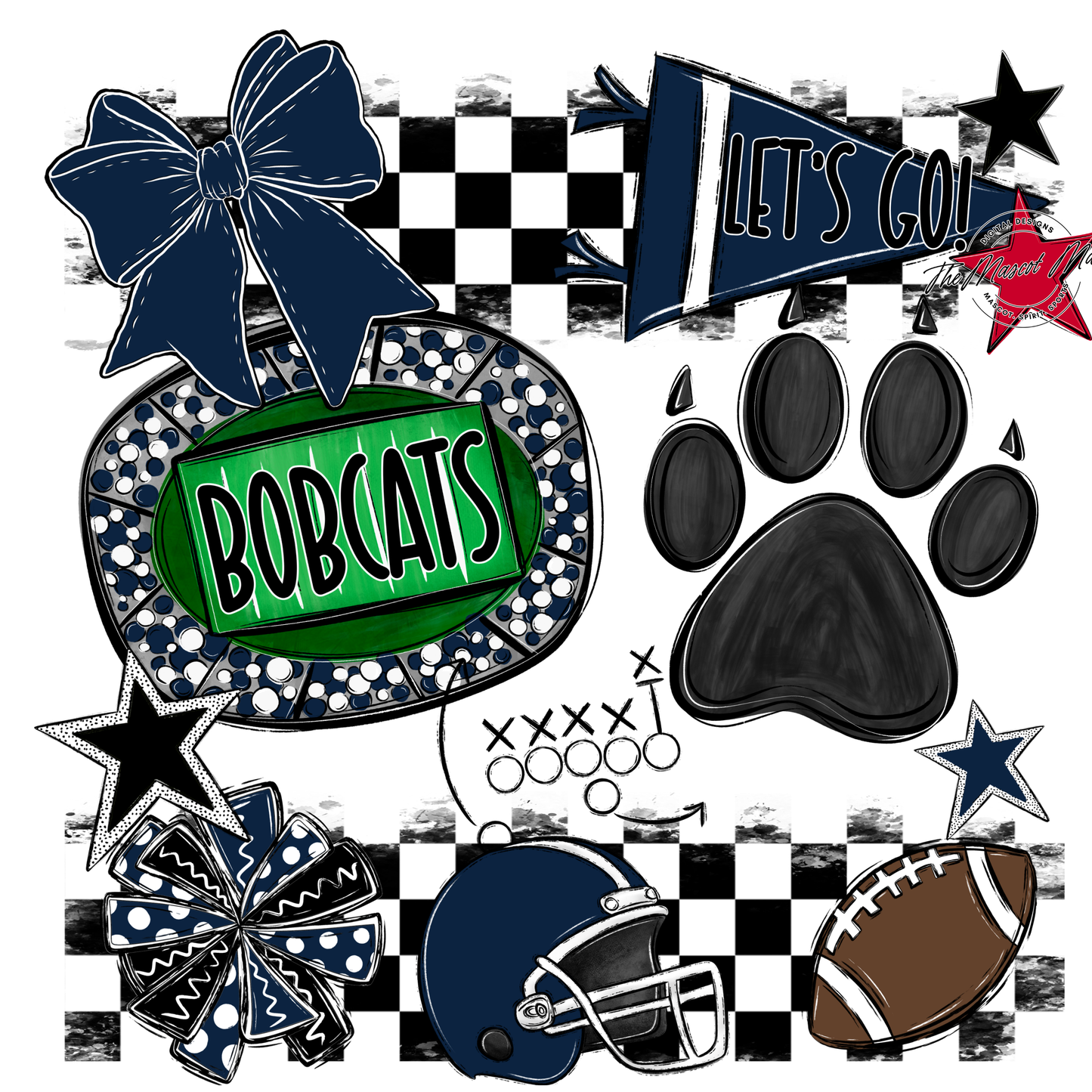 Bobcats Checkers Mascot Spirit Design w Paw-Navy
