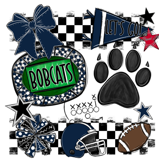 Bobcats Checkers Mascot Spirit Design w Paw-Navy