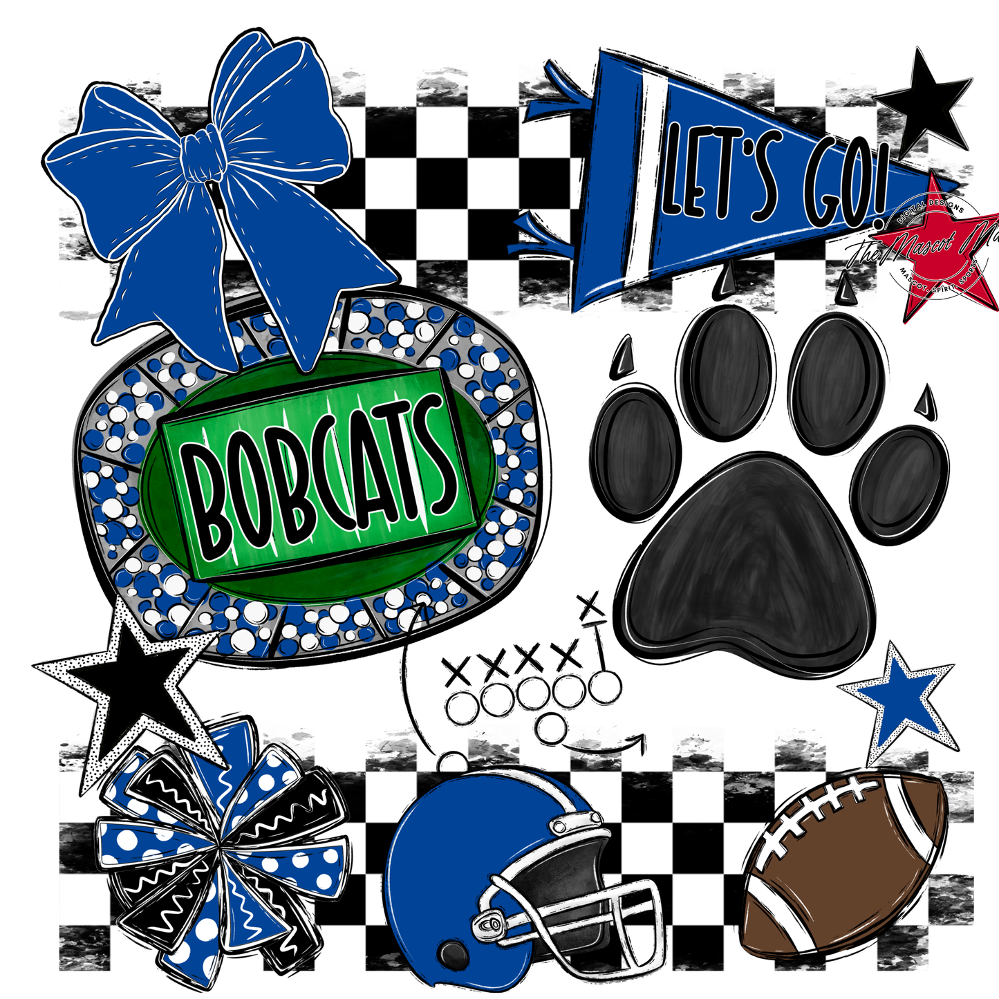 Bobcats Checkers Mascot Spirit Design w Paw-Off Blue