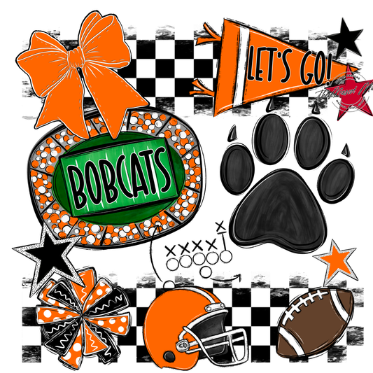 Bobcats Checkers Mascot Spirit Design w Paw-Orange