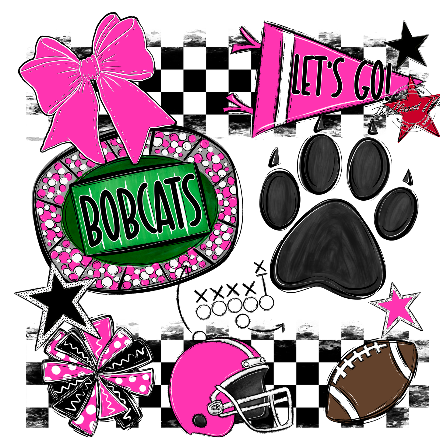 Bobcats Checkers Mascot Spirit Design w Paw-Pink