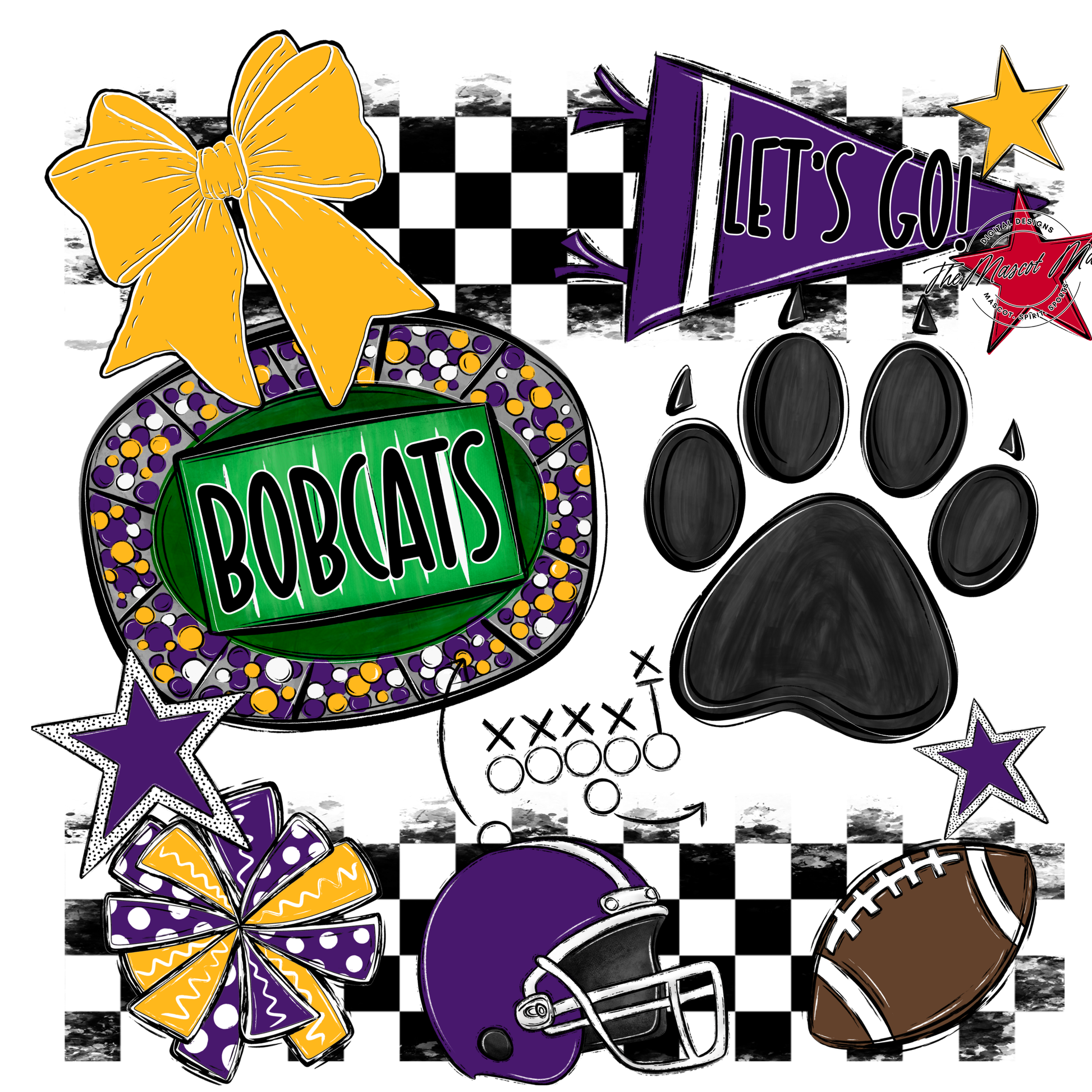 Bobcats Checkers Mascot Spirit Design w Paw-Purple-Yellow