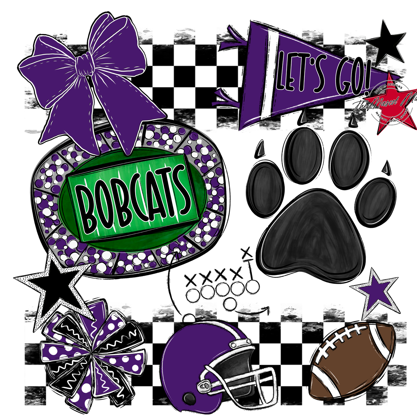 Bobcats Checkers Mascot Spirit Design w Paw-Purple
