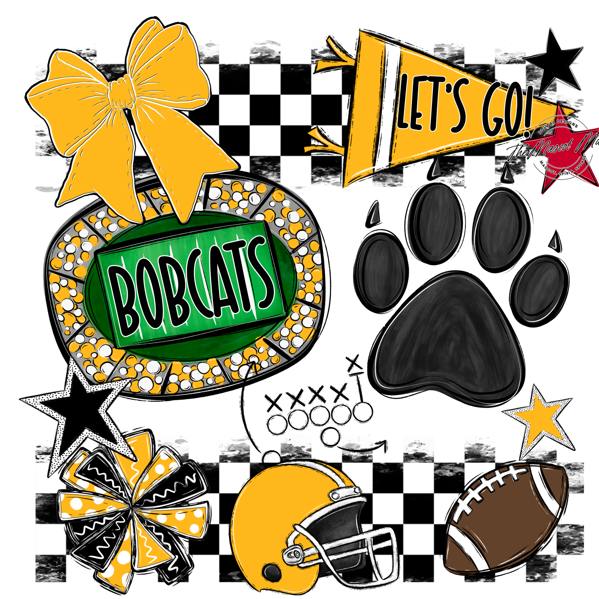 Bobcats Checkers Mascot Spirit Design w Paw-Yellow