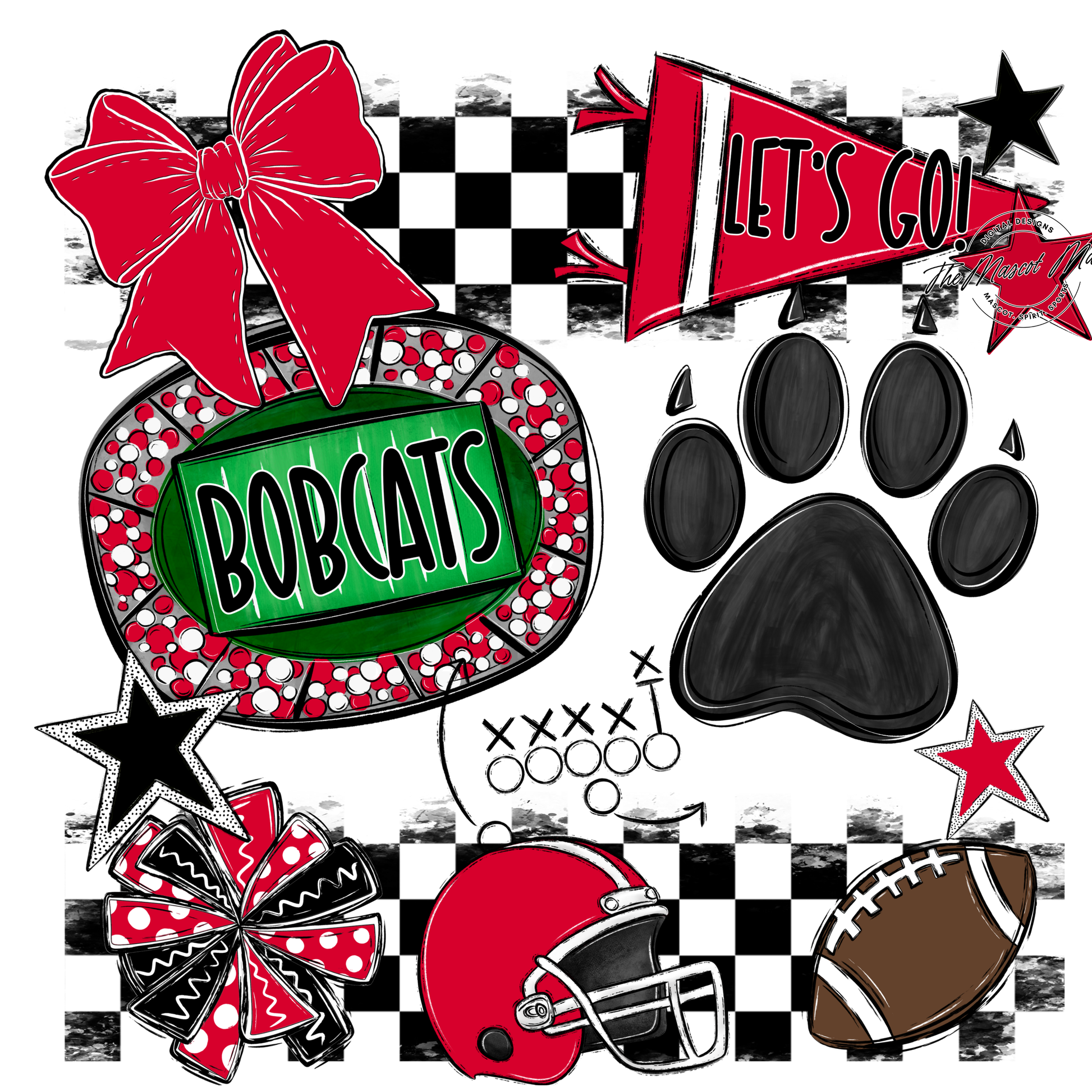 Bobcats Checkers Mascot Spirit Design w Paw-Red