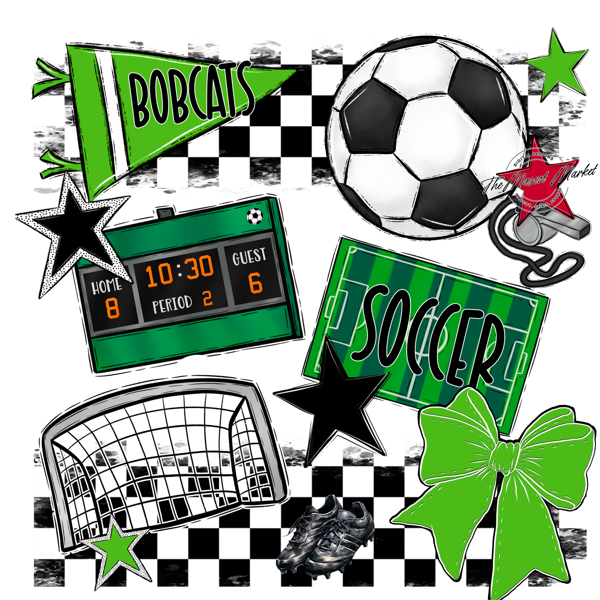 Bobcats Checkers Soccer Spirit Design-Bright Green