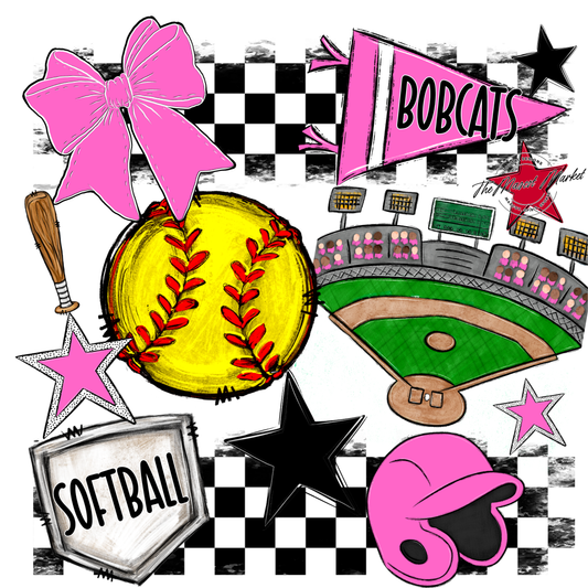 Bobcats Checkers Softball Spirit Design-Baby Pink